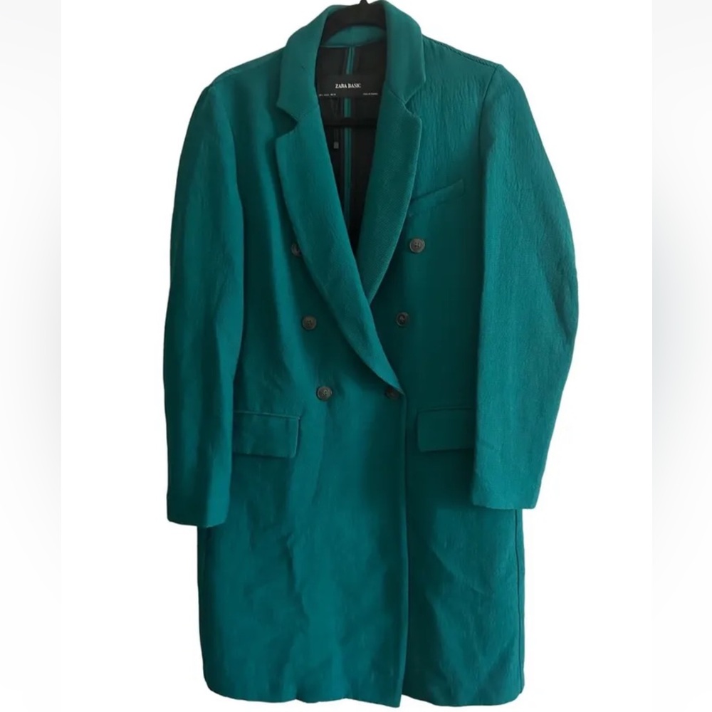ZARA BASIC Women's Long Structured Double Breasted Jacket Blazer Emerald Green M